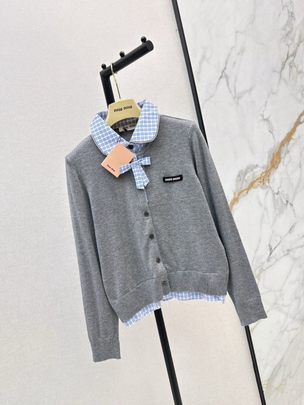 Miu Miu Gray Knit Cardigan Plaid Collar Bow Fake Two-Piece Women's